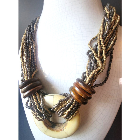 Vintage Tribal Boho Multi-Strand Beaded Necklace Wood Ring Pendant Folk Style - Picture 6 of 9